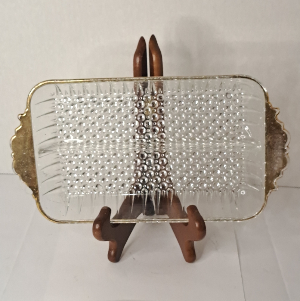 Anchor Hocking Hobnail and Ray Teardrop Gold Overlay Divided Relish Dish.